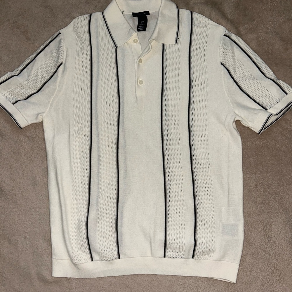 H&M Pointelle Knit Polo | Cream & Black | Small